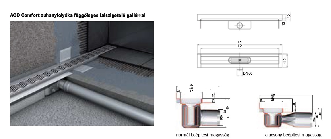 Aco Comfort Zuhanyfolyóka Test Falszigeteléssel Normál építésű 885 mm 408759 műszaki adatlap